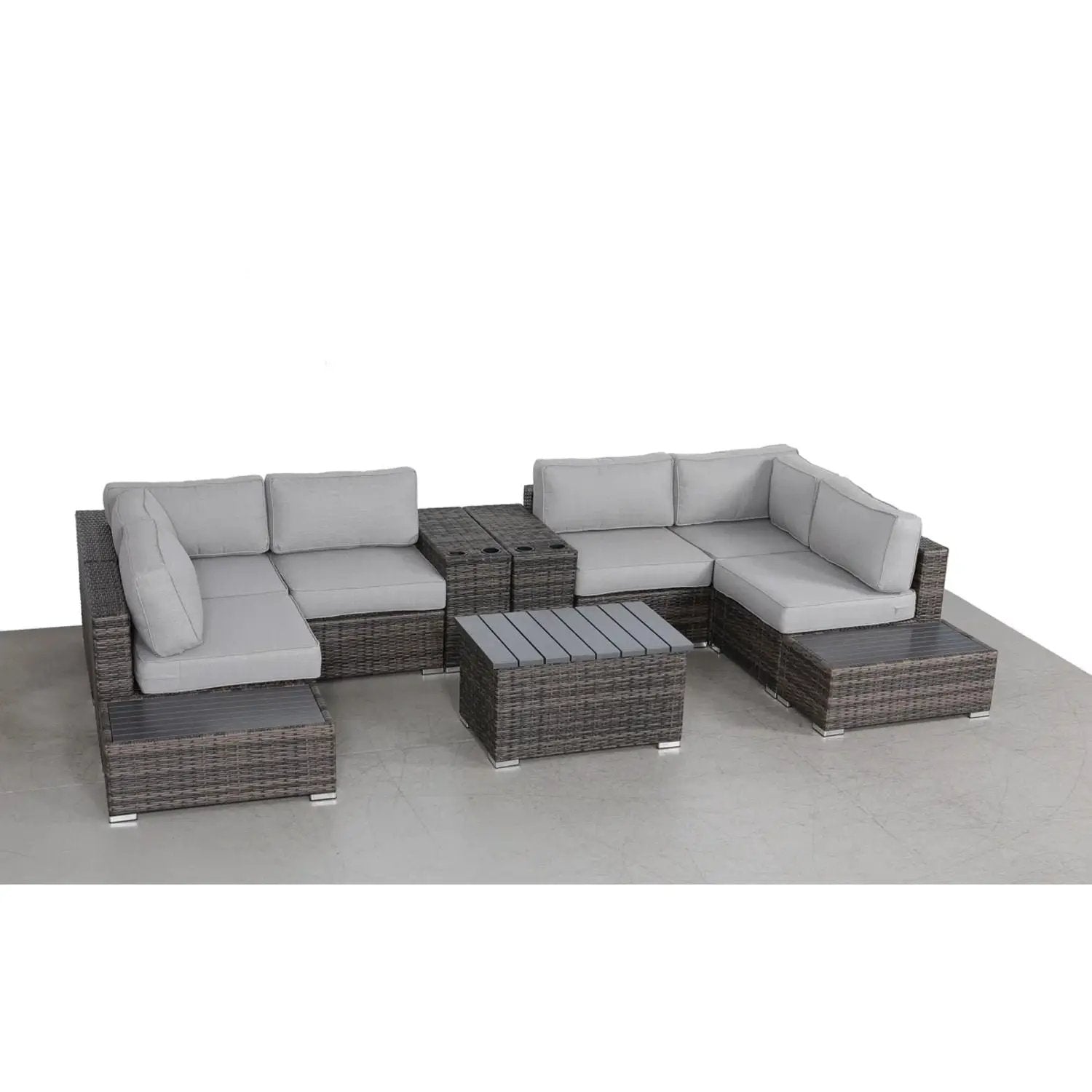 Wicker sectional seating group with light gray cushions outdoor set on Tampa Home & Garden Store