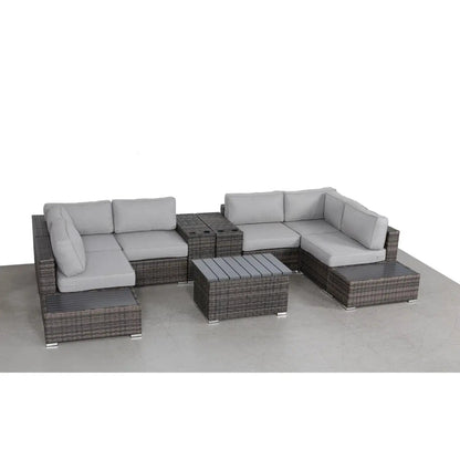 Wicker sectional seating group with light gray cushions outdoor set on Tampa Home & Garden Store
