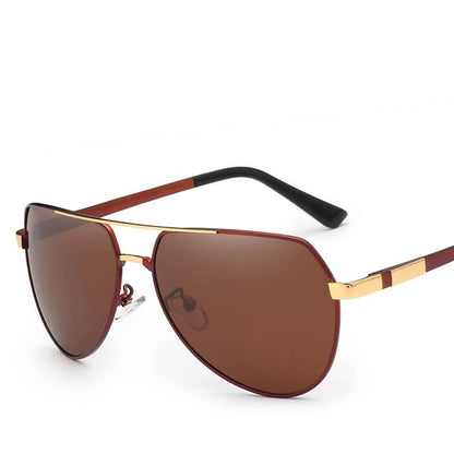 Stevvex polarized aviator sunglasses, brown lenses, gold frame, red temples on Tampa Home & Garden Store
