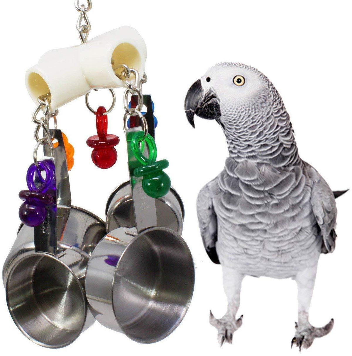 Parrot Bite Toy Stainless Steel Four-Pot String with colorful beads and hanging chain on Tampa Home & Garden Store