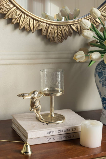 HouseOfZazla gold rabbit pillar candle holder with clear glass hurricane shade on Tampa Home & Garden Store