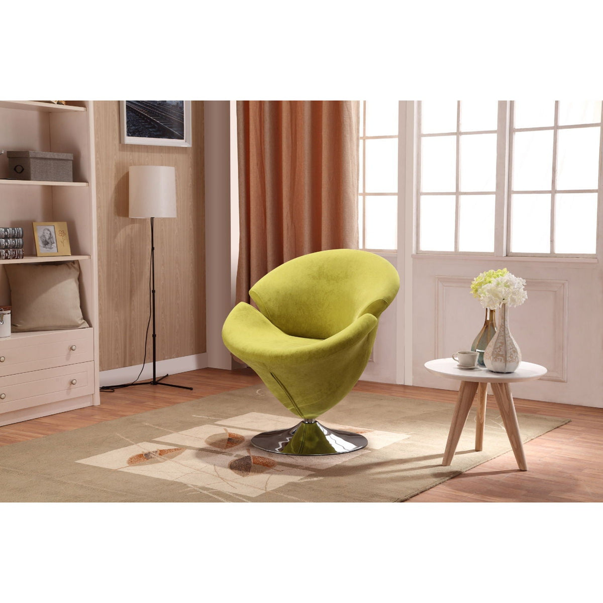 Tulip Swivel Lounge Chair lime green velvet with chrome base, 360° rotation in living room on Tampa Home & Garden Store