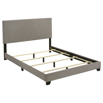 Efram panel bed gray upholstered headboard with black metal frame and wooden slats on Tampa Home & Garden Store