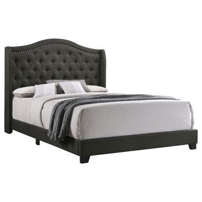 Copper Wingback Bed upholstered in dark charcoal tufted fabric with nailhead trim HouseOfZazla on Tampa Home & Garden Store
