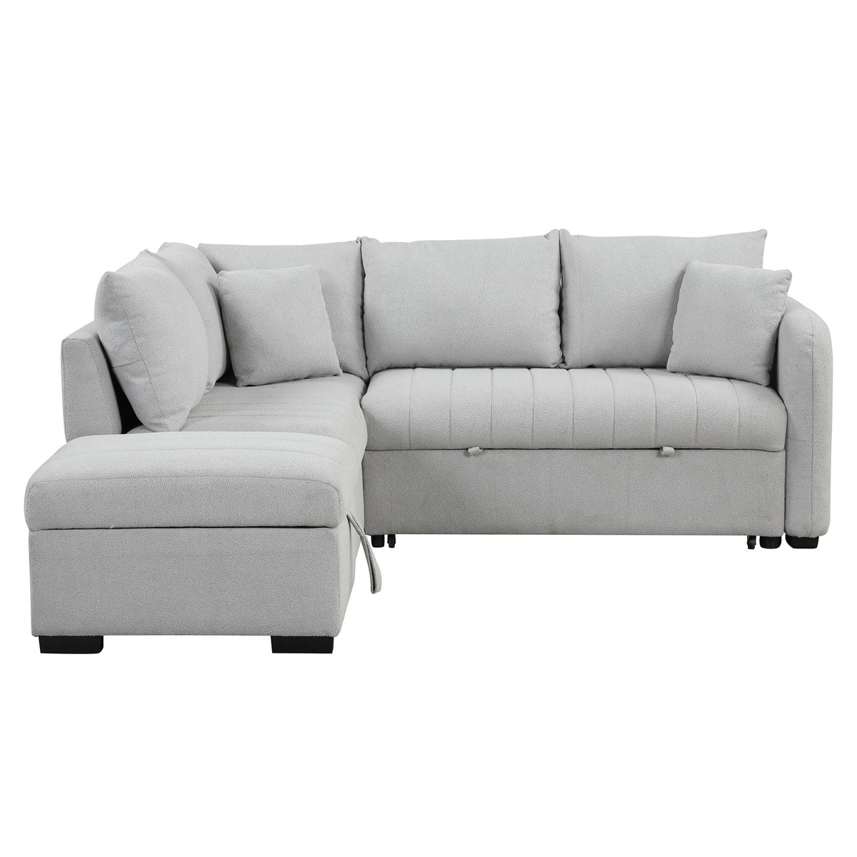 L-shaped sectional sleeper sofa in light gray fabric with movable storage ottoman on Tampa Home & Garden Store