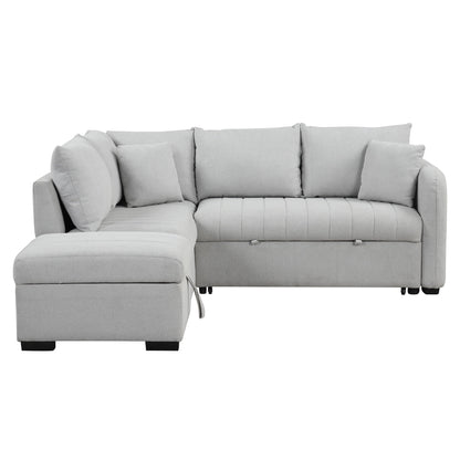 L-shaped sectional sleeper sofa in light gray fabric with movable storage ottoman on Tampa Home & Garden Store