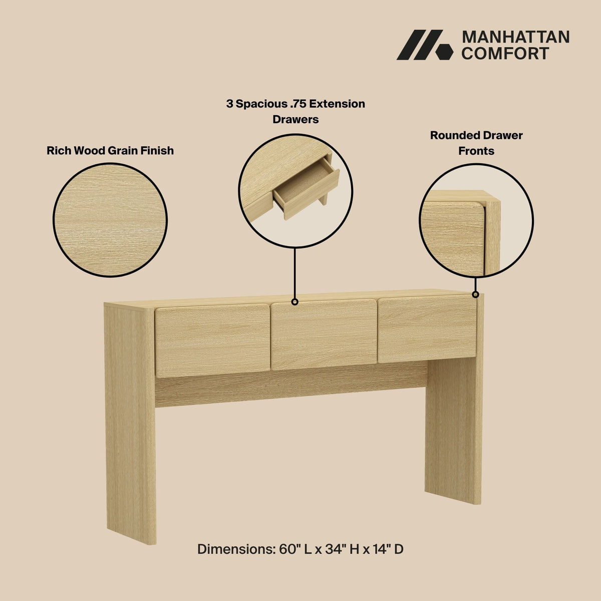 Linda Console Table with Three-Drawer Storage in light wood grain finish by Manhattan Comfort on Tampa Home & Garden Store