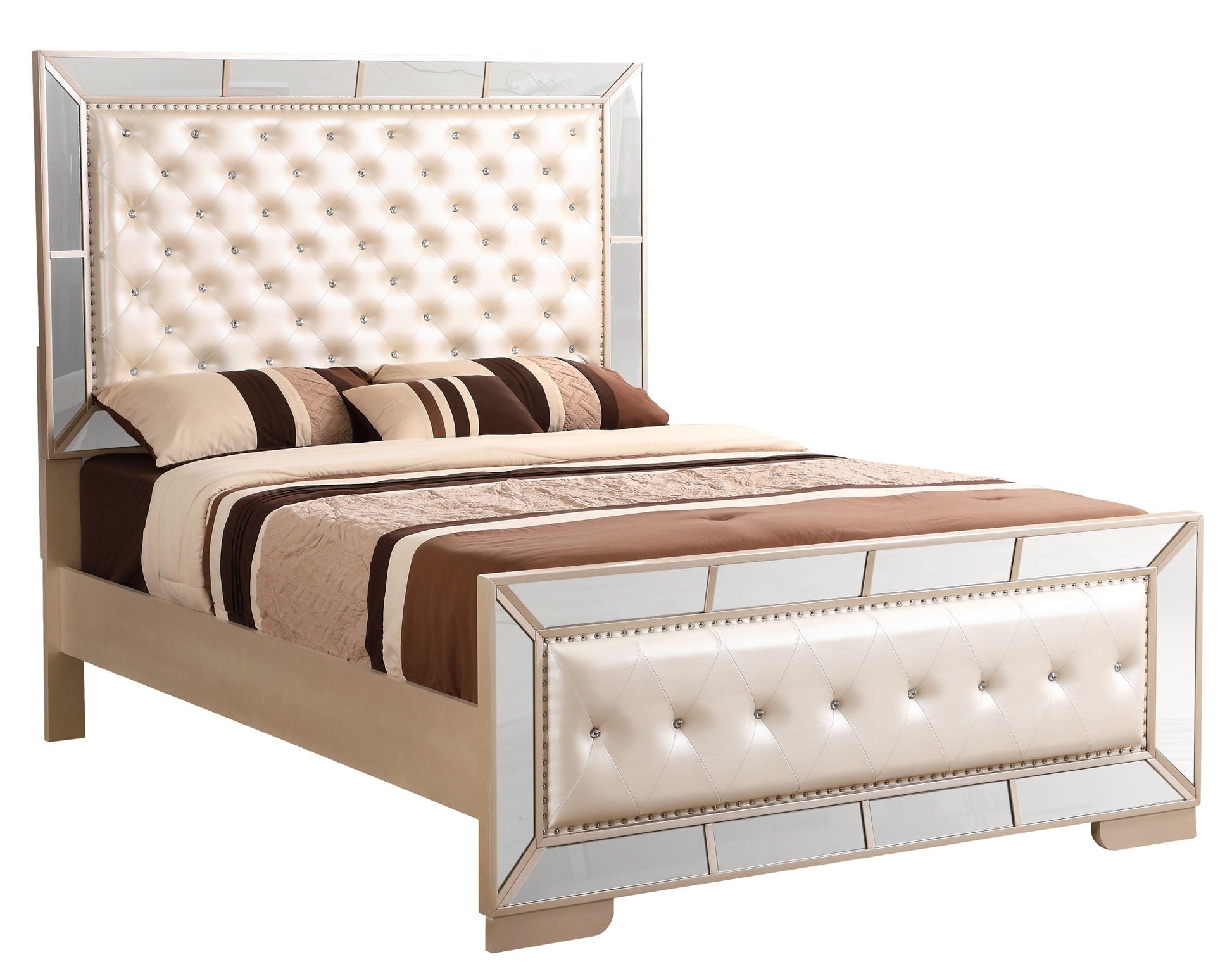 Panel bed by HouseOfZazla with mirrored frame and tufted cream headboard on Tampa Home & Garden Store