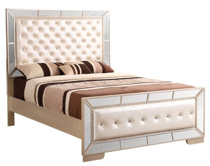 Panel bed by HouseOfZazla with mirrored frame and tufted cream headboard on Tampa Home & Garden Store