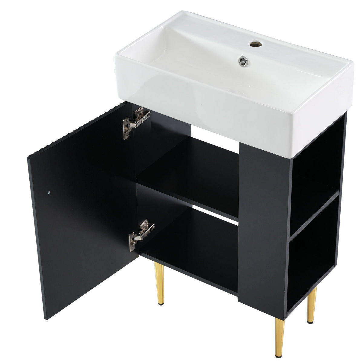 Bathroom vanity with white ceramic sink on black cabinet with side storage and gold legs on Tampa Home & Garden Store