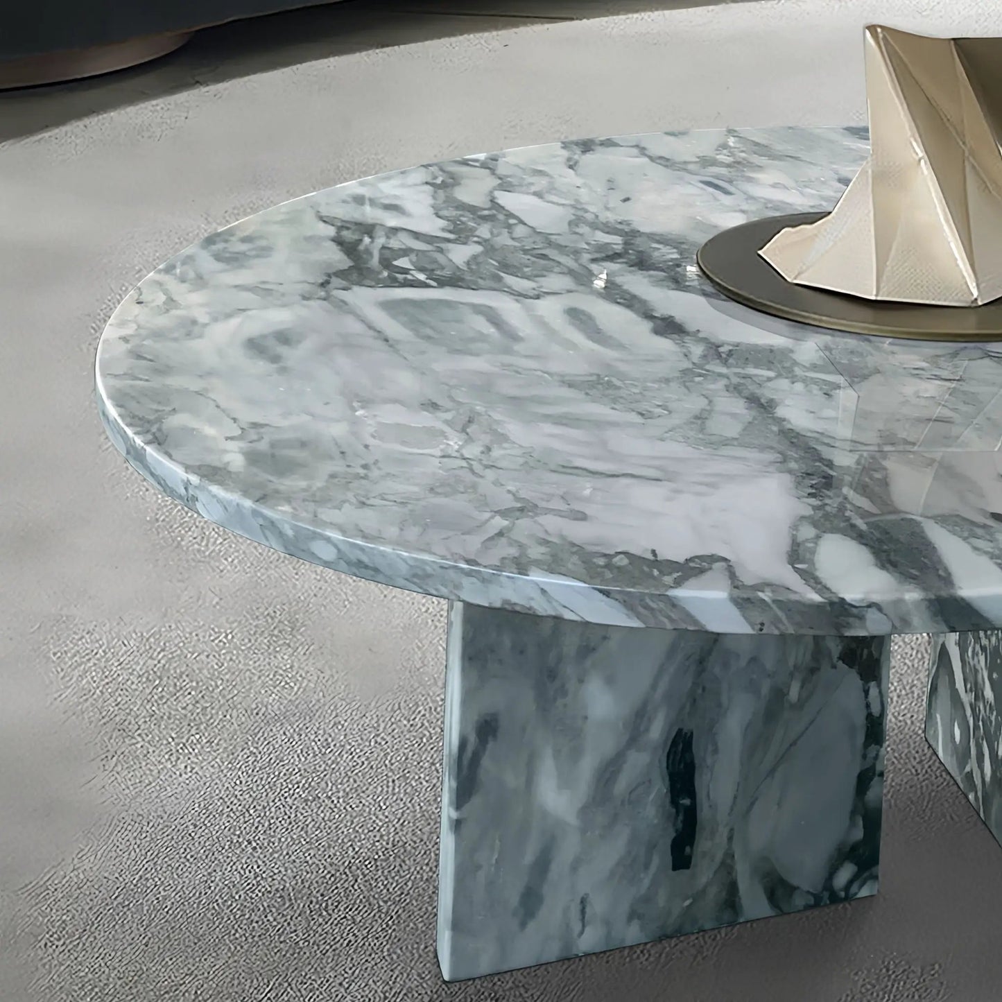 Elegant Coffee Duo Table Set marble coffee table with gray veining and sculpture on Tampa Home & Garden Store