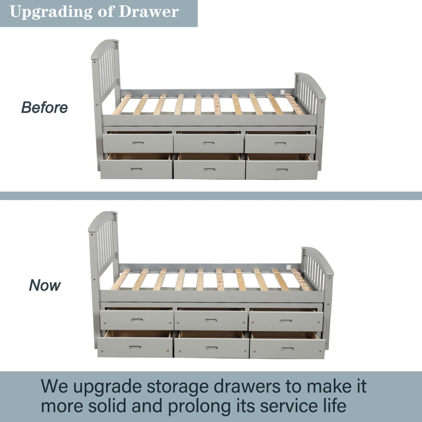 Platform storage bed with six under-bed drawers in gray solid wood finish on Tampa Home & Garden Store