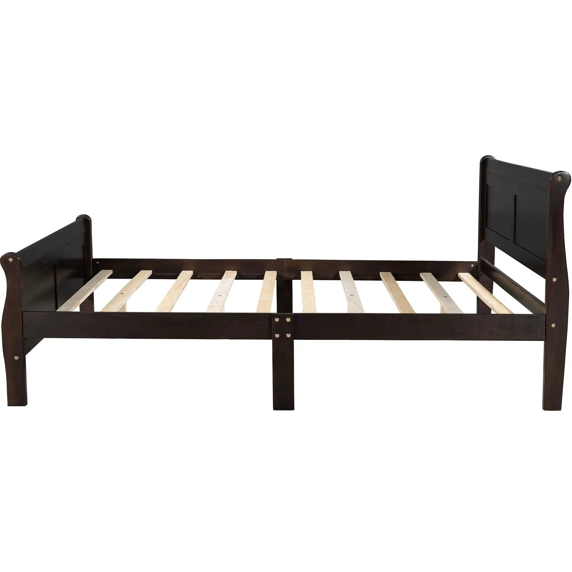 Platform bed frame with headboard and footboard in dark wood finish, with wood slat supports on Tampa Home & Garden Store