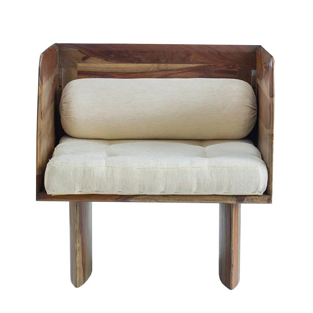 Wooden arm chair in brown finish with beige cushions on Tampa Home & Garden Store