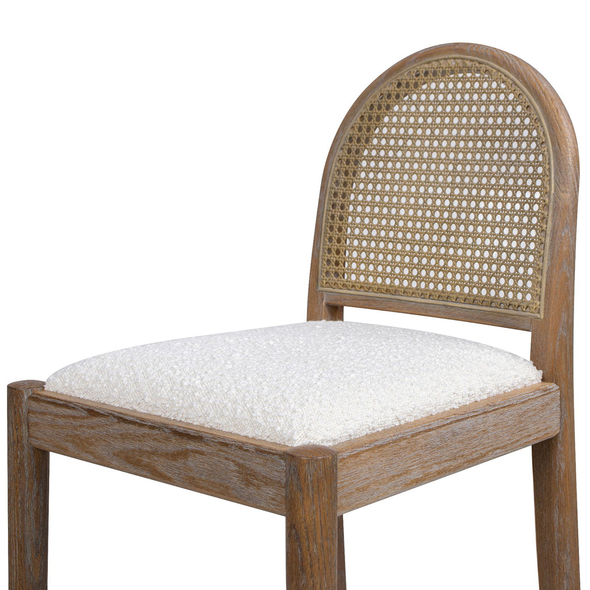 Curved back cane bar stool with natural cane back and cream cushion on a warm wood frame on Tampa Home & Garden Store