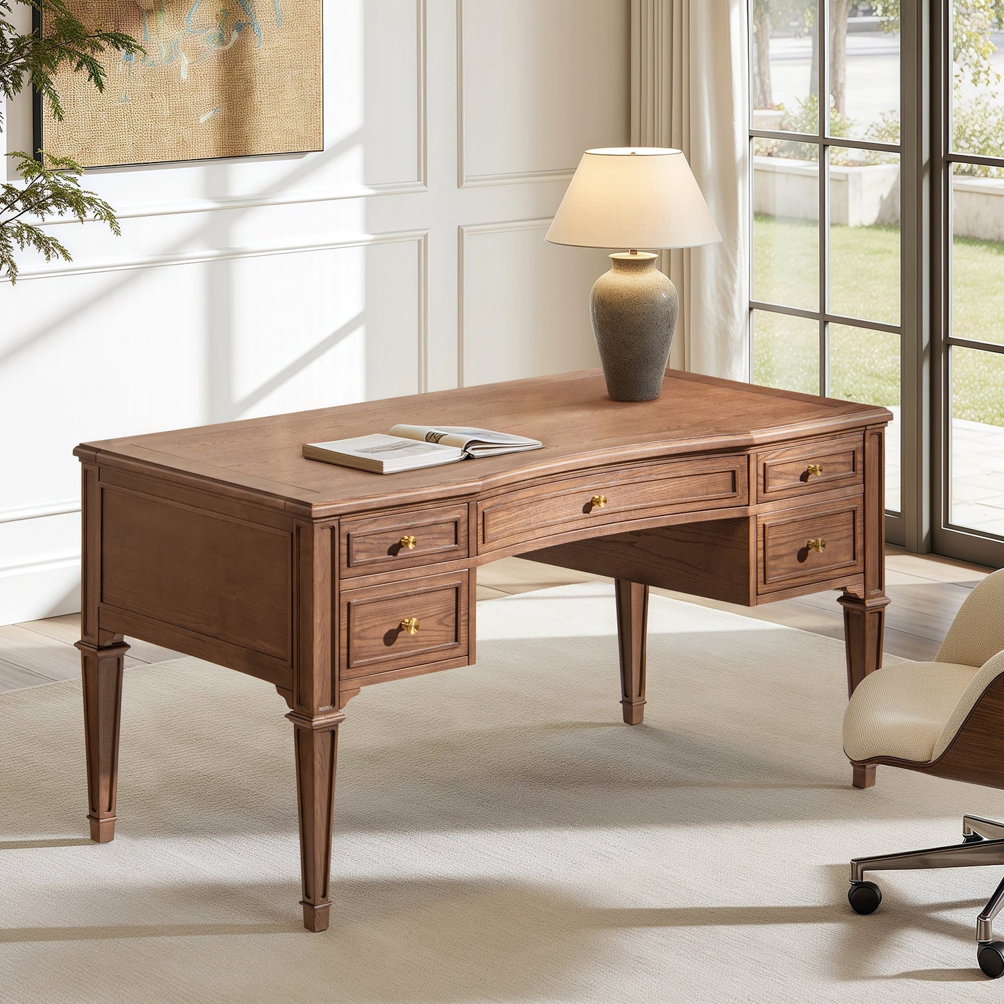 Dauphin Gold Accent 5-Drawer Wood Executive Desk brown ash veneer HouseOfZazla on Tampa Home & Garden Store