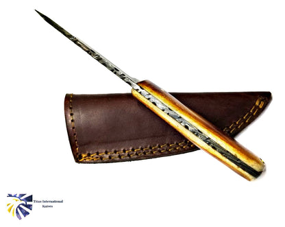 Damascus hunting knife by Titan TD-204 with patterned blade and wood handle and leather sheath on Tampa Home & Garden Store