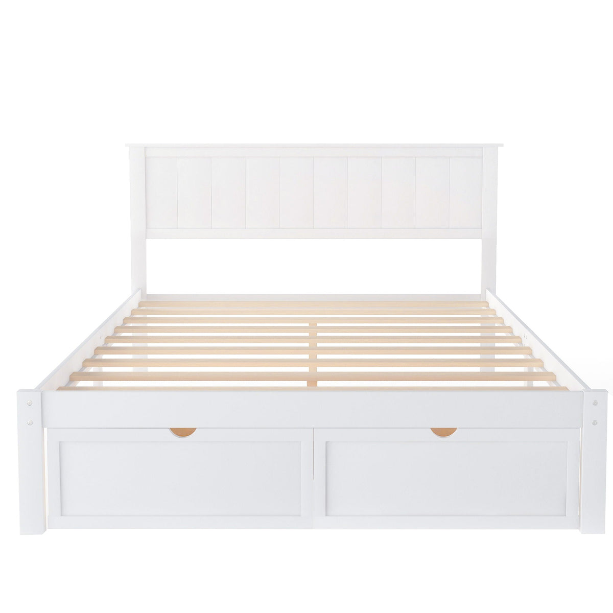 White full-size platform bed with under-bed drawers and slatted wooden base on Tampa Home & Garden Store