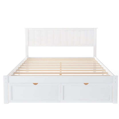 White full-size platform bed with under-bed drawers and slatted wooden base on Tampa Home & Garden Store
