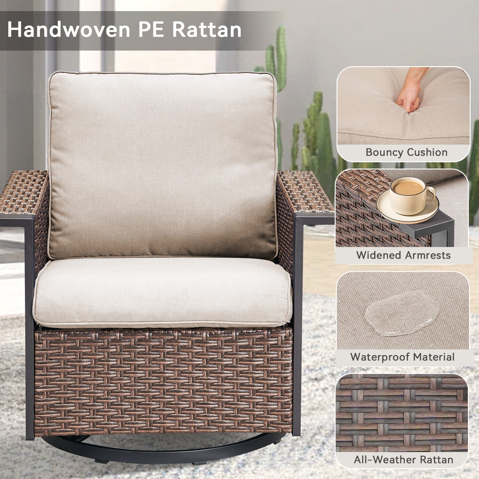 Outdoor Swivel Rocking Chairs by HouseOfZazla with beige cushions and all-weather rattan on Tampa Home & Garden Store