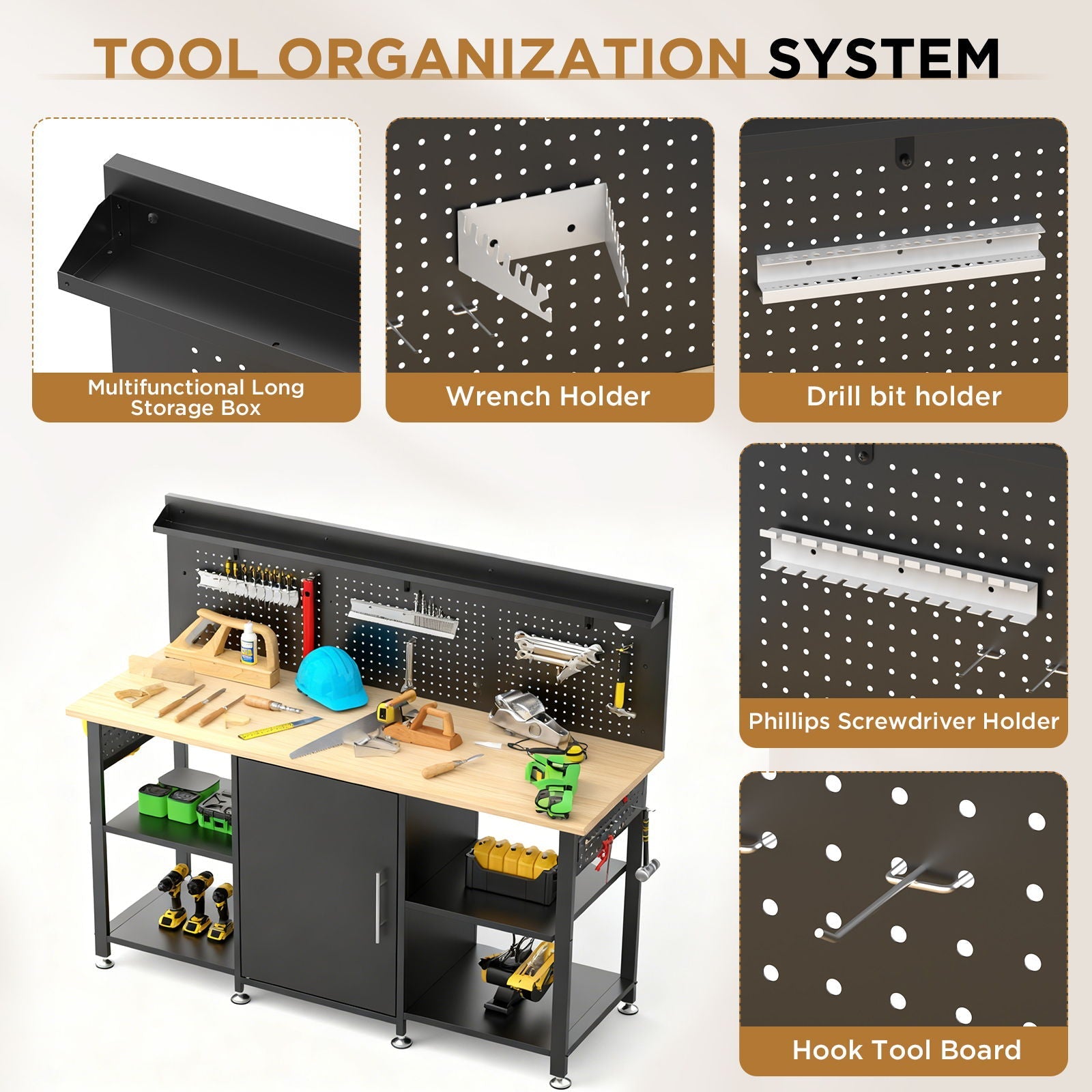 Workbench with storage cabinet and pegboard in black by HouseOfZazla, hook bench for tools on Tampa Home & Garden Store