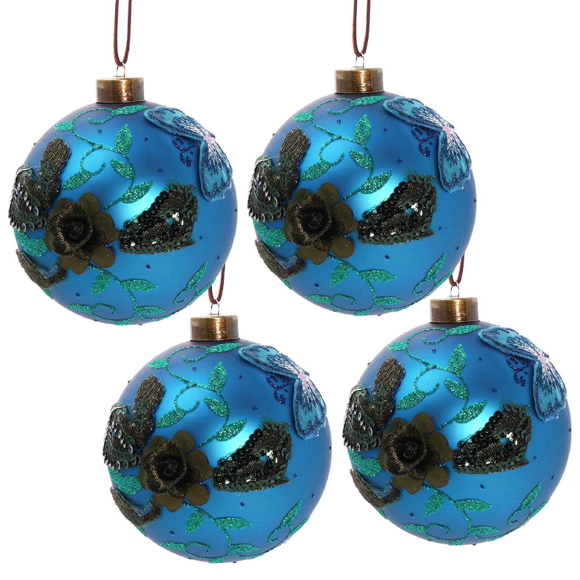 Glass light blue Christmas ball ornaments with teal glitter floral accents, 4-pack, HouseOfZazla on Tampa Home & Garden Store
