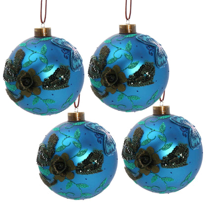 Glass light blue Christmas ball ornaments with teal glitter floral accents, 4-pack, HouseOfZazla on Tampa Home & Garden Store