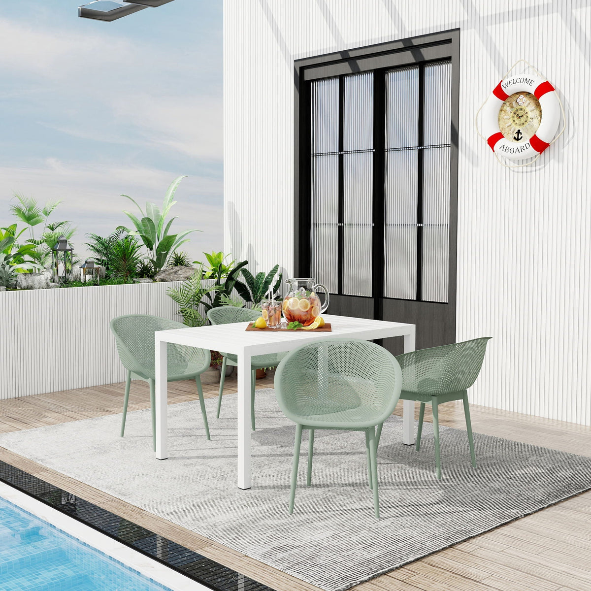 5 Piece Outdoor Lounge Set with Long Table mint green plastic chairs by HouseOfZazla on Tampa Home & Garden Store