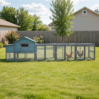 141-inch Large wooden chicken coop with nesting box and wire fence blue finish 2 chickens in run on Tampa Home & Garden Store