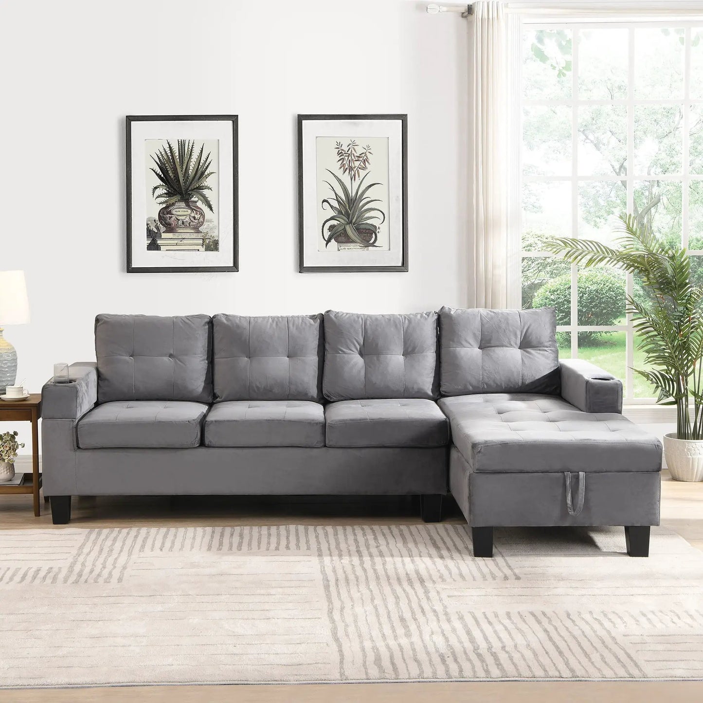 Modern stationary sectional sofa with L-shaped chaise in gray fabric on Tampa Home & Garden Store
