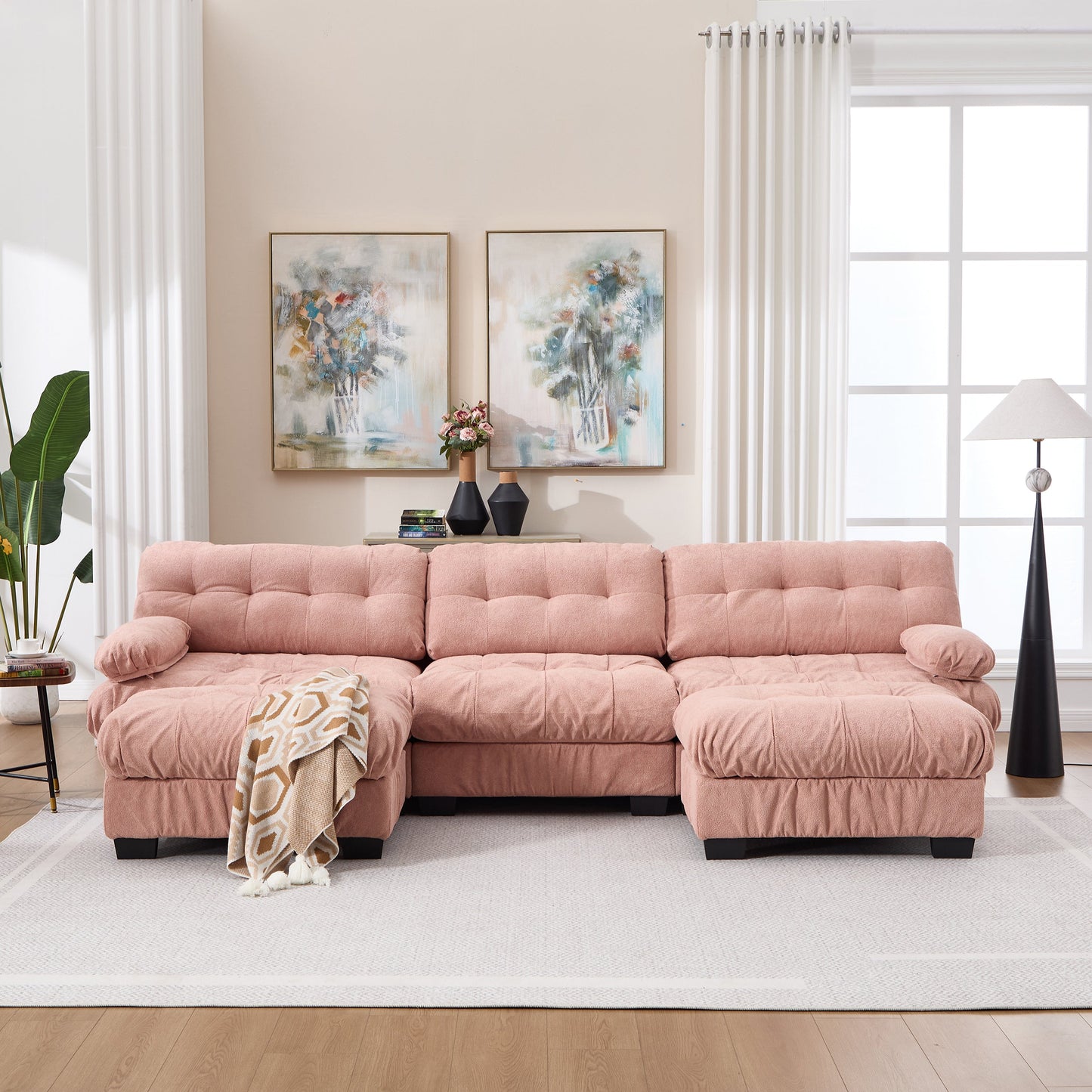 U Shaped Couch Modular Sectional Sofa blush pink tufted fabric living room centerpiece on Tampa Home & Garden Store
