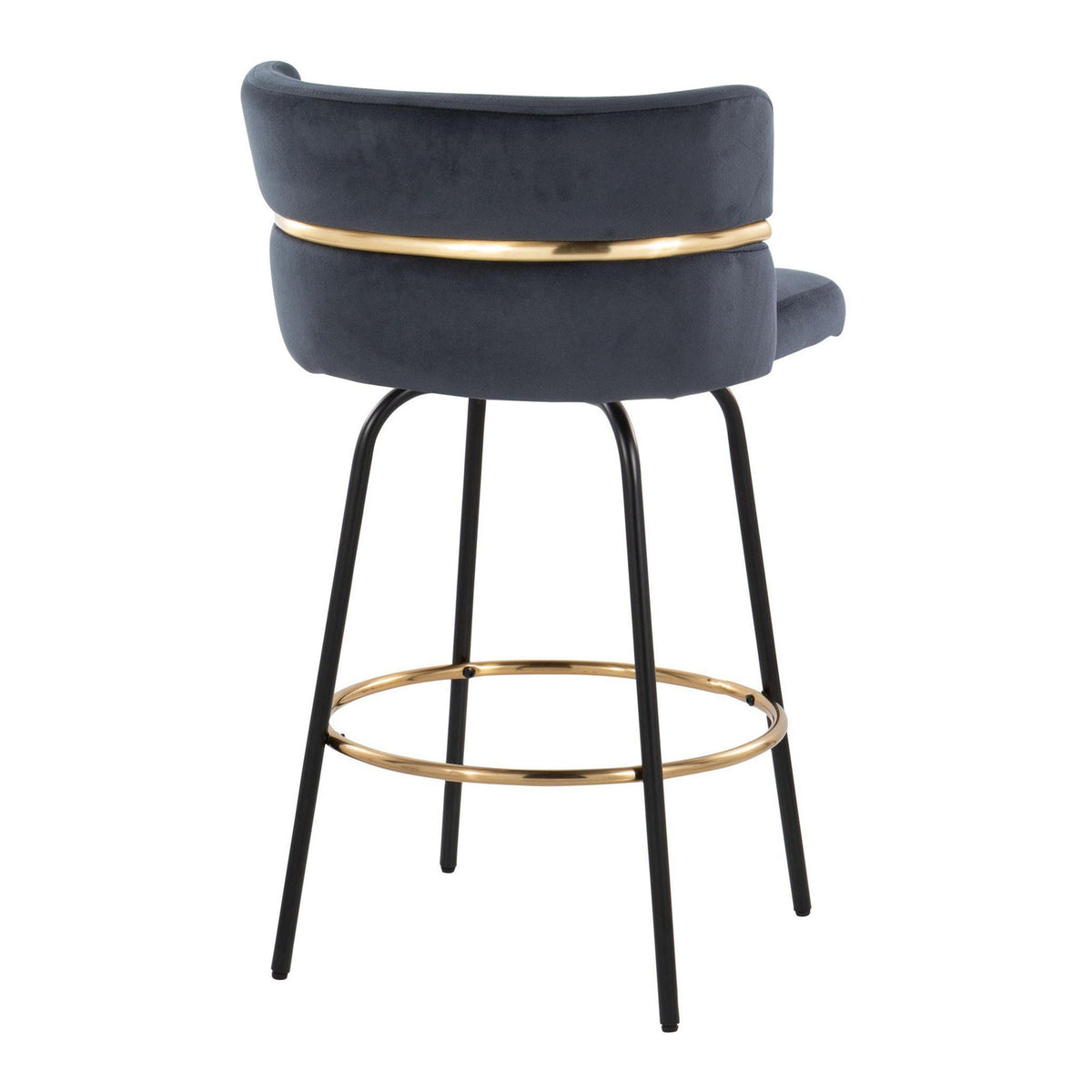 Contemporary counter stool with swivel and footrest, navy fabric, gold ring, black legs on Tampa Home & Garden Store