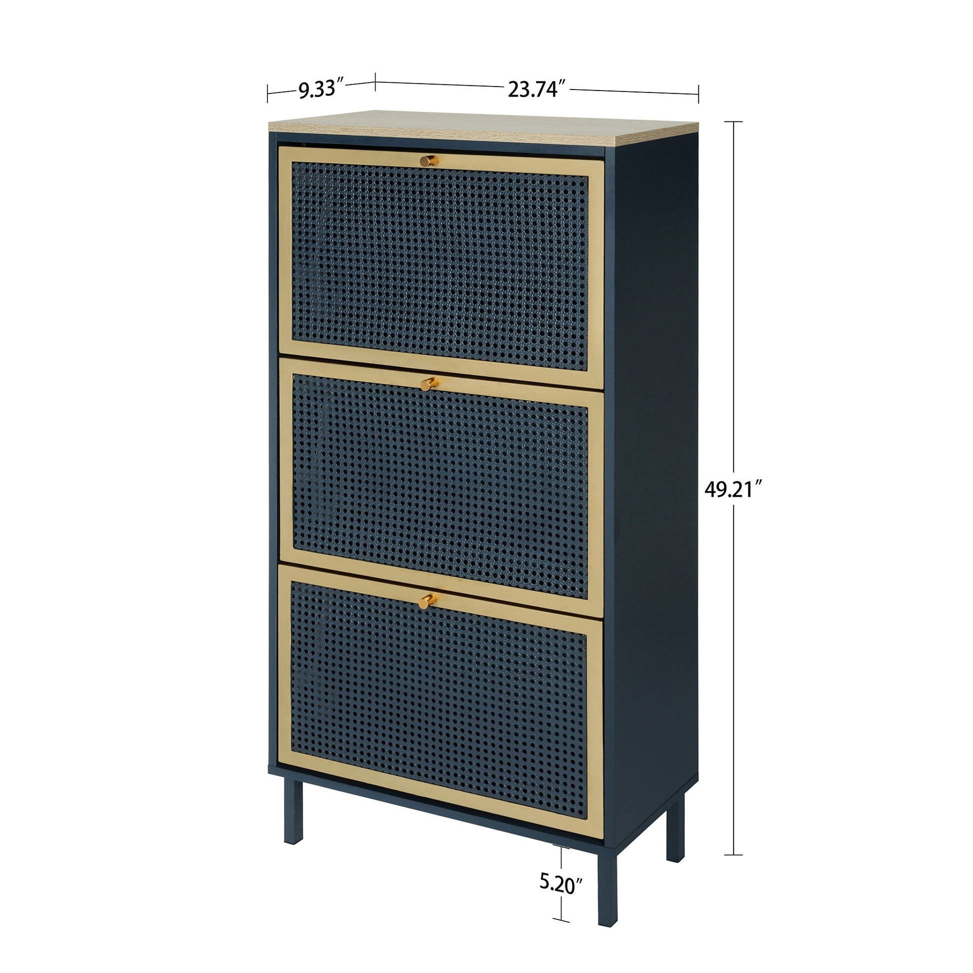 Shoe cabinet 3-door with rattan front panels, navy frame, wood-tone top, gold trim HouseOfZazla on Tampa Home & Garden Store