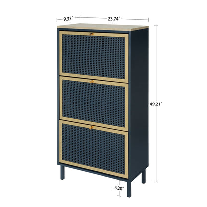 Shoe cabinet 3-door with rattan front panels, navy frame, wood-tone top, gold trim HouseOfZazla on Tampa Home & Garden Store