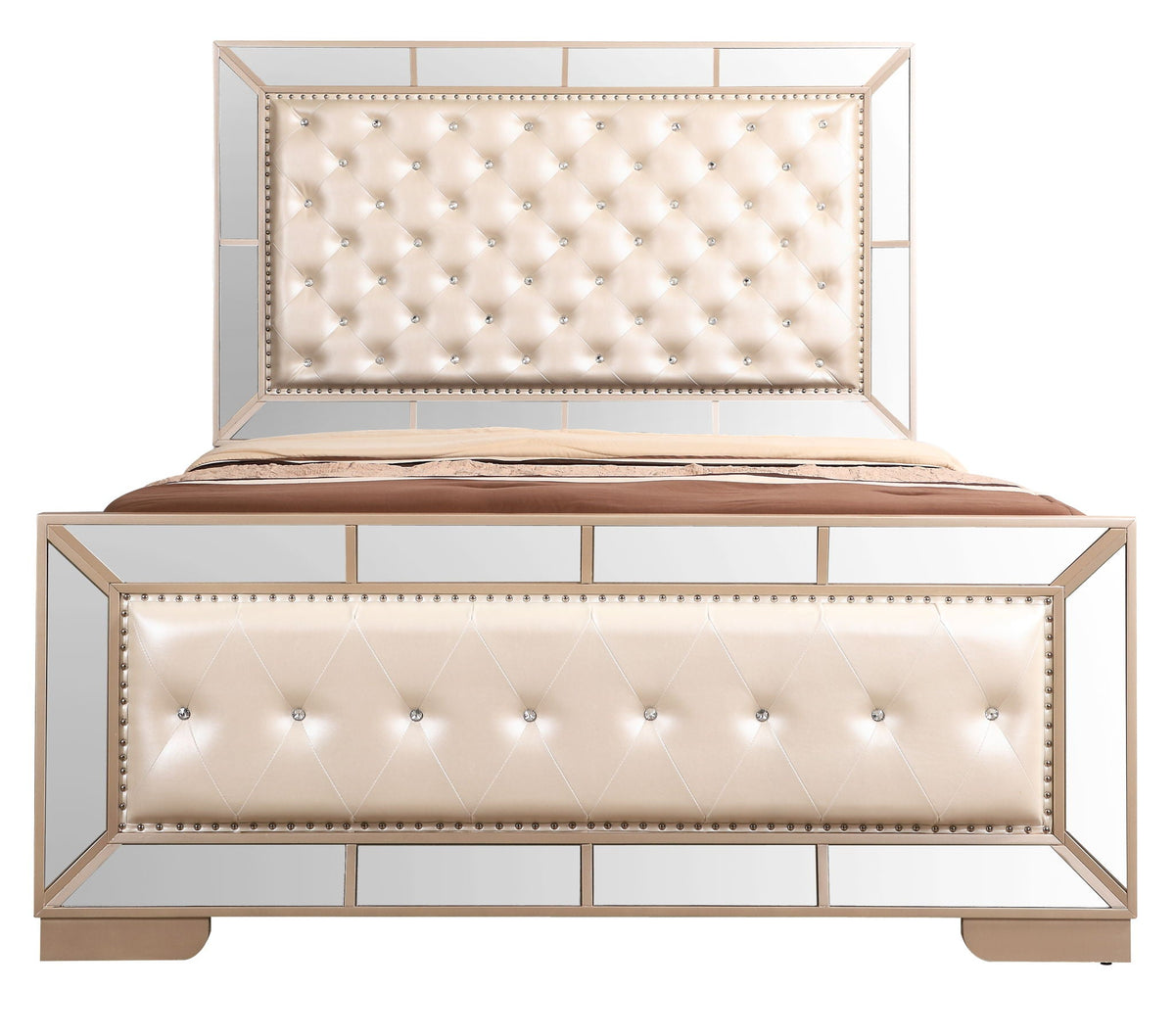 Stylish panel bed by HouseOfZazla with champagne tufted headboard, crystal buttons and mirrored frame on Tampa Home & Garden Store