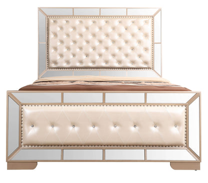 Stylish panel bed by HouseOfZazla with champagne tufted headboard, crystal buttons and mirrored frame on Tampa Home & Garden Store