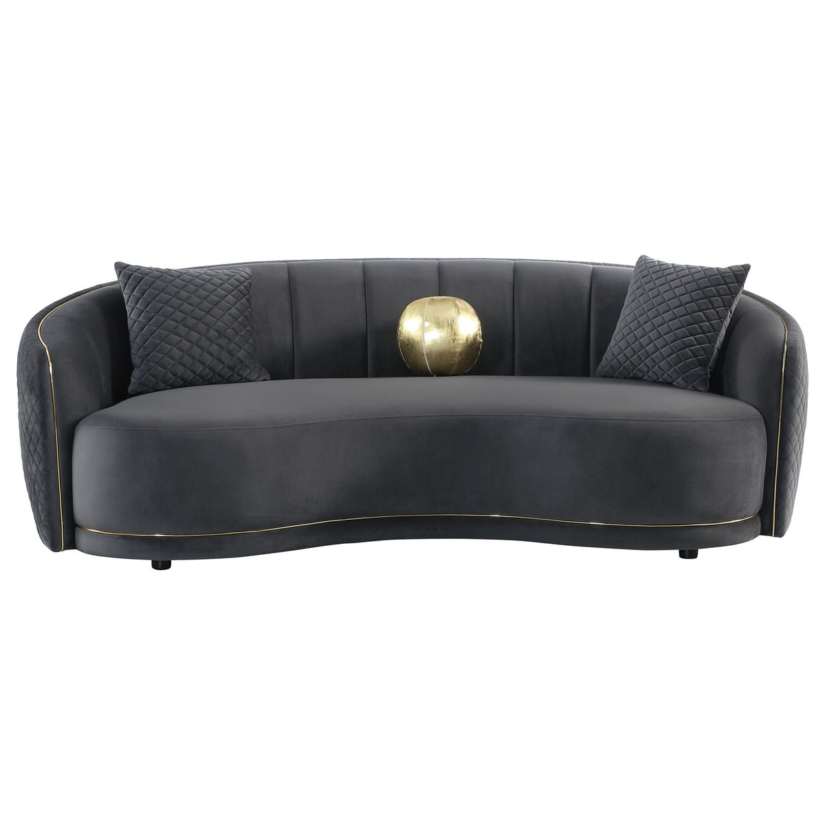 Curved luxe sofa with diamond quilting, dark gray velvet, gold piping, 2 cushions on Tampa Home & Garden Store