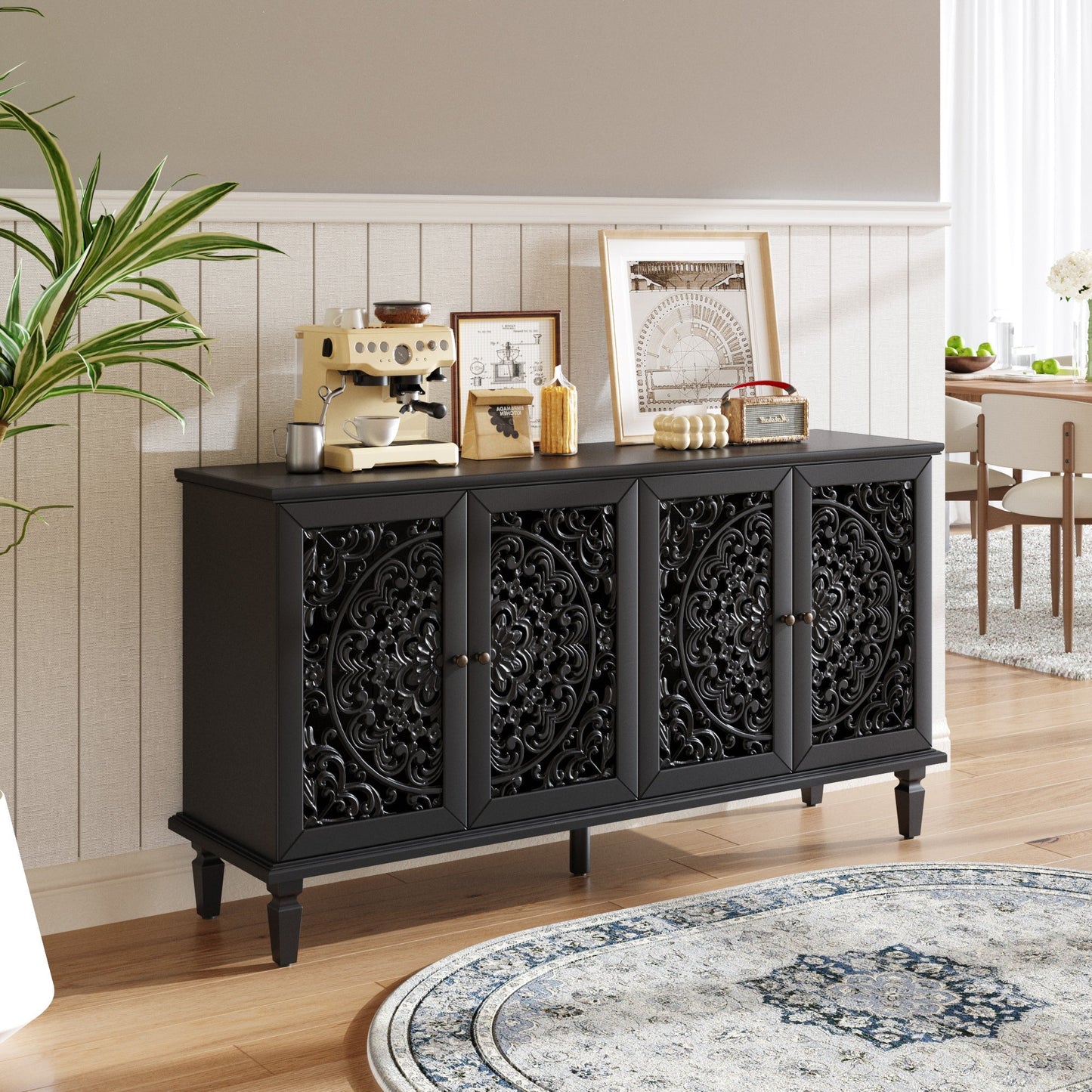 60-inch antique black wood buffet cabinet with floral carving panels on Tampa Home & Garden Store