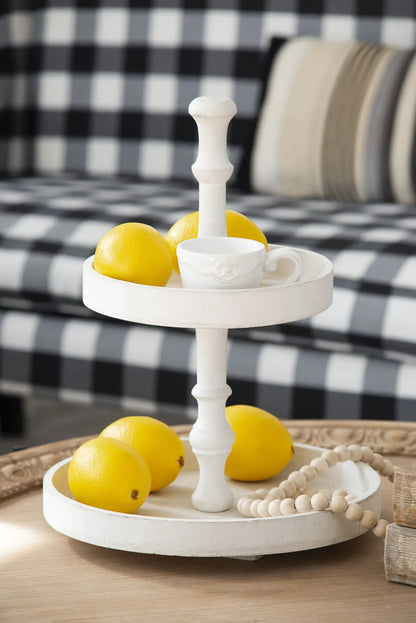 Two Tier Round Wooden Tray in White Finish