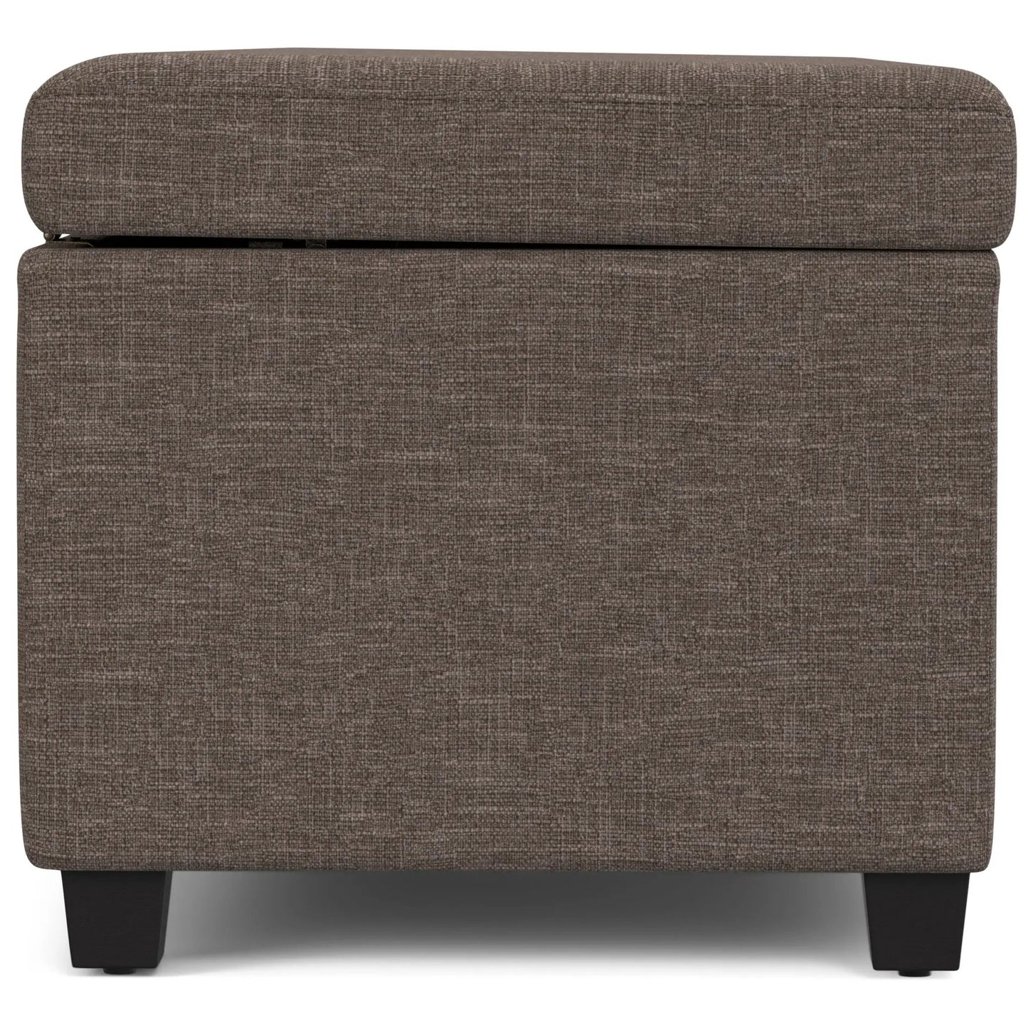 Avalon storage ottoman bench in brown textured fabric with lift lid and black legs on Tampa Home & Garden Store