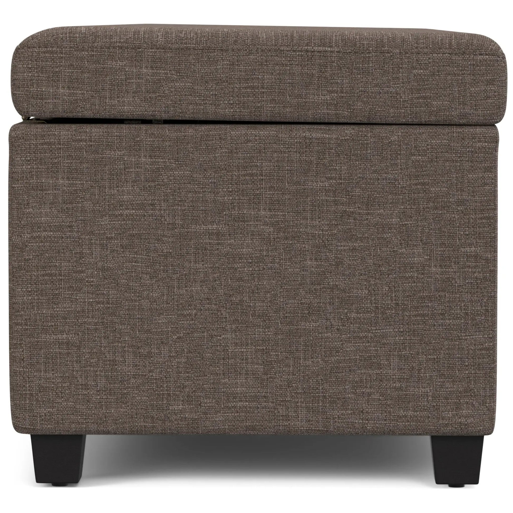 Avalon storage ottoman bench in brown textured fabric with lift lid and black legs on Tampa Home & Garden Store