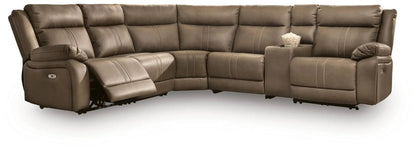 Max-Momentum reclining sectional in brown leather with center console and cup holder on Tampa Home & Garden Store