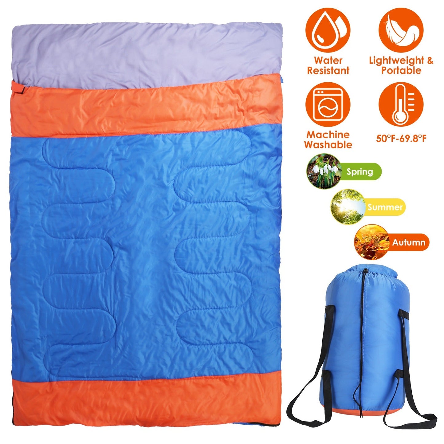 GemGear 3-person sleeping bag blue with orange trim; water resistant, machine washable on Tampa Home & Garden Store