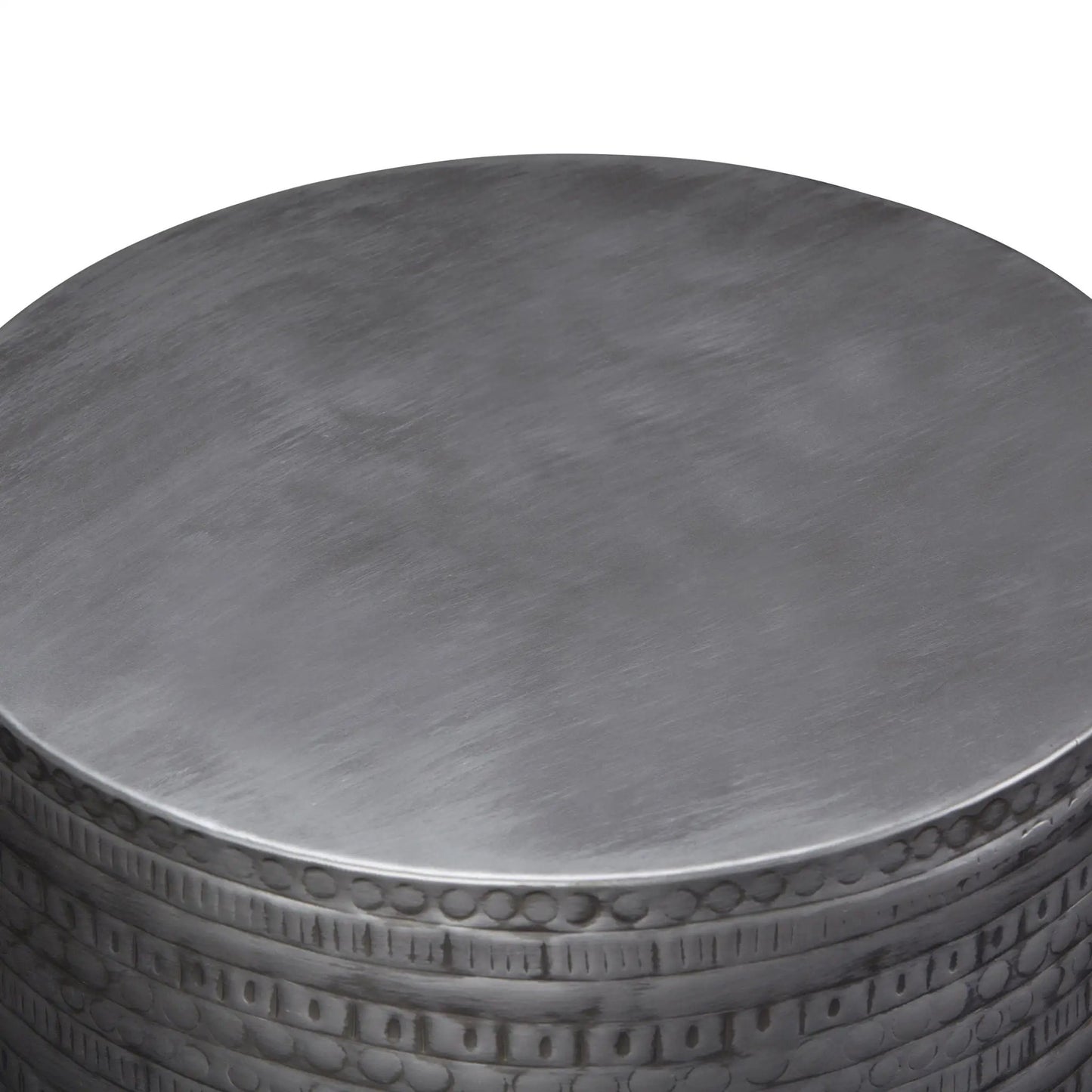 Johnsen handcrafted large metal accent table top in brushed steel with hammered rim detail on Tampa Home & Garden Store