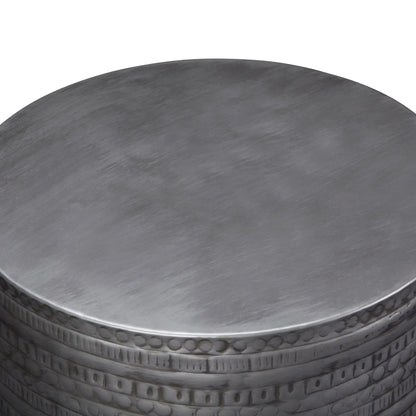 Johnsen handcrafted large metal accent table top in brushed steel with hammered rim detail on Tampa Home & Garden Store