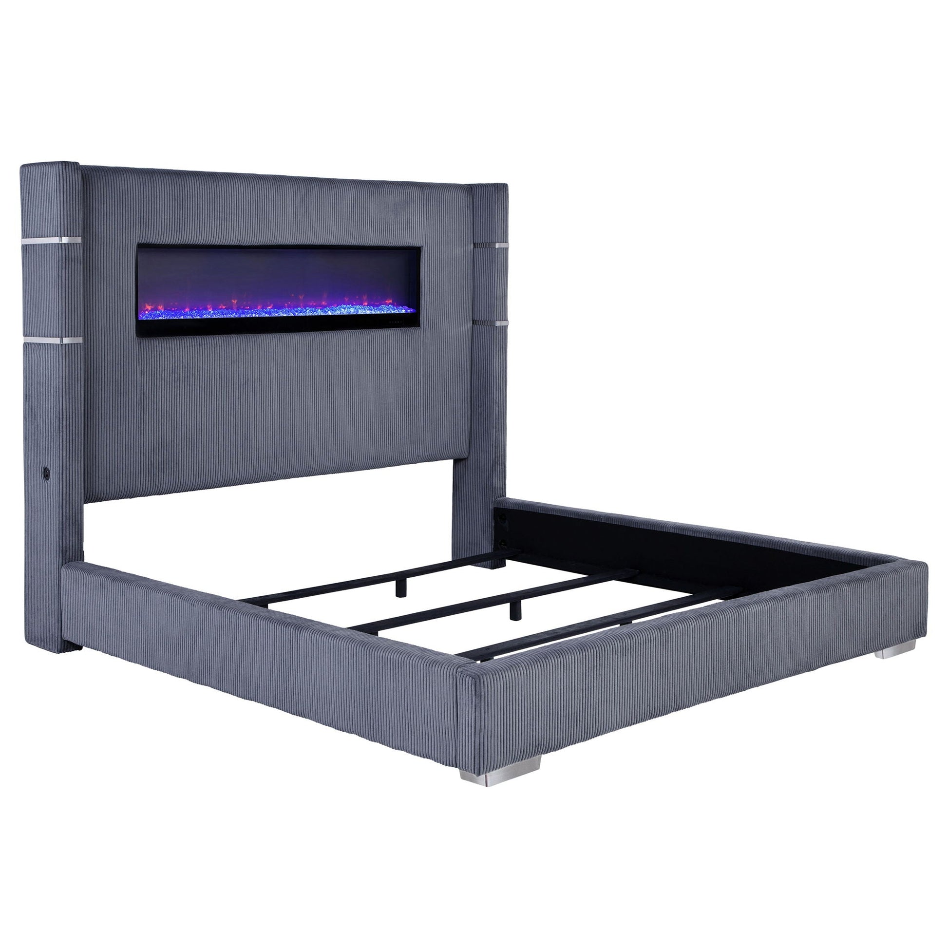 Judah Flame Visualizer Bed by HouseOfZazla, blue-gray ribbed upholstery with flame insert on Tampa Home & Garden Store