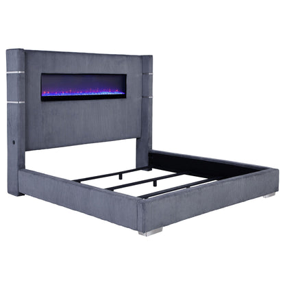 Judah Flame Visualizer Bed by HouseOfZazla, blue-gray ribbed upholstery with flame insert on Tampa Home & Garden Store