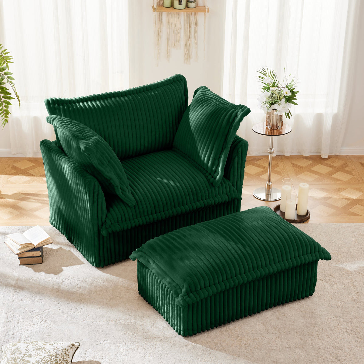 Upholstered emerald green corduroy armchair with ottoman set by HouseOfZazla on Tampa Home & Garden Store