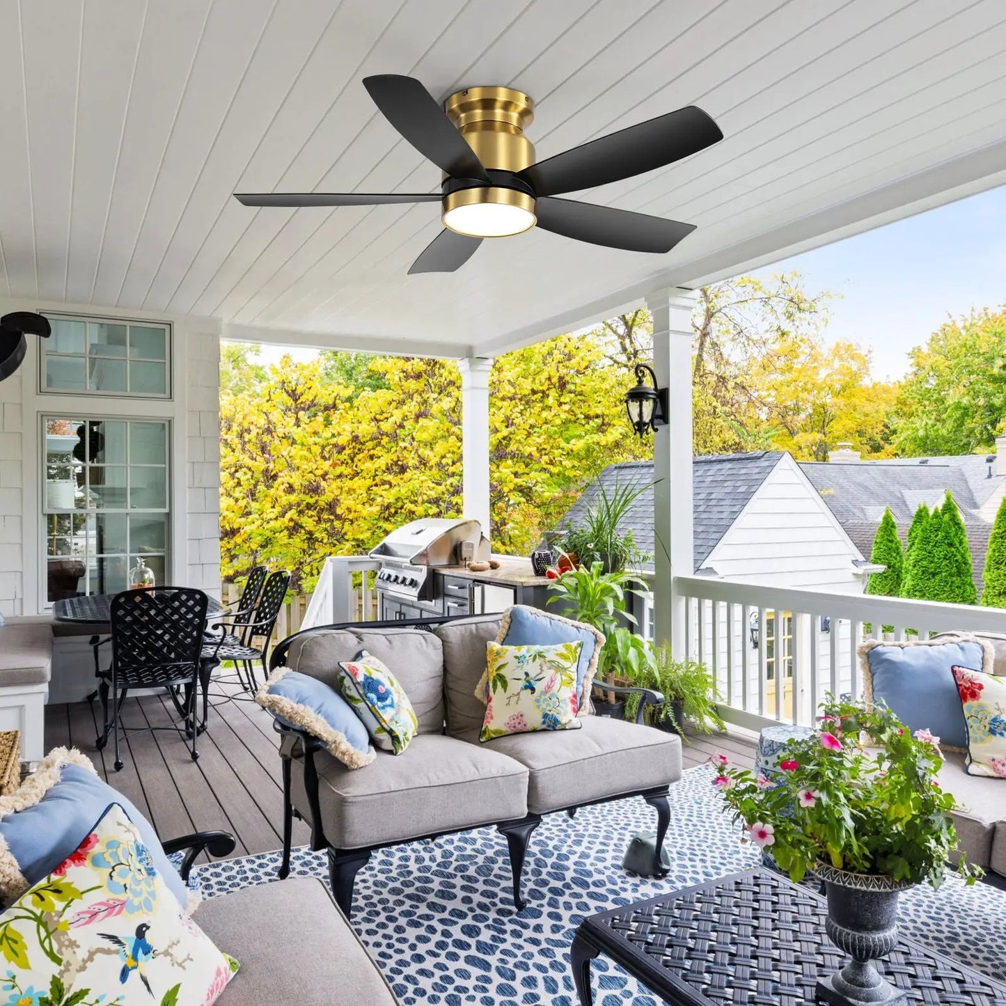Flush Mount Ceiling Fan with LED Light 22W, brass body, black blades, remote on Tampa Home & Garden Store