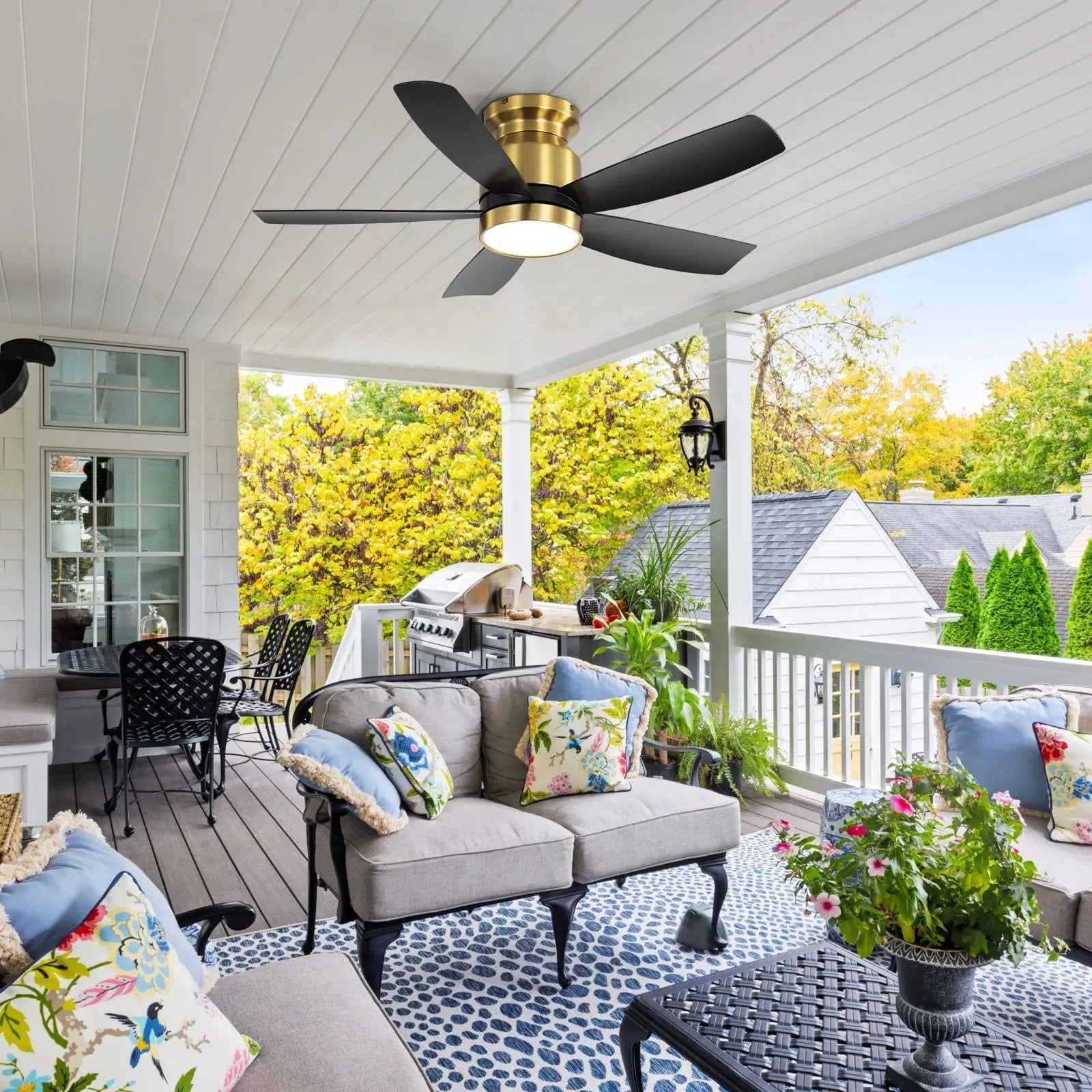 Flush Mount Ceiling Fan with LED Light 22W, brass body, black blades, remote on Tampa Home & Garden Store